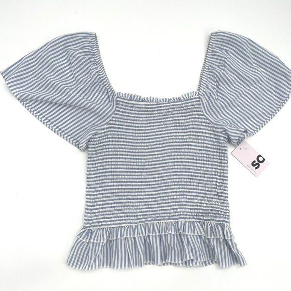 Smocked Flutter Short Sleeve Top Blue Striped Size M - Picture 1 of 7
